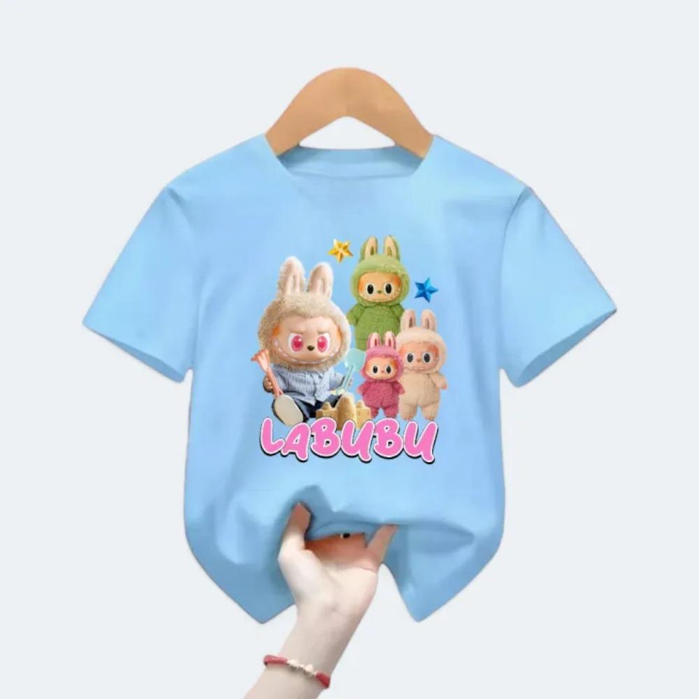 Новая детская футболка Labubu с различными уродливыми и милыми рисунками LABUBU для девочек, с круглым вырезом, коротким рукавом, повседневная, универсальная одежда