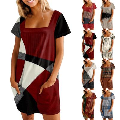 Женские летние повседневные платья с квадратным вырезом, плиссировкой спереди и карманом, с короткими рукавами и принтом