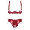 Womens Glossy Patent Leather Underwire Bra Set Adjustable Strap Lingerie with Open Crotch Briefs