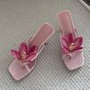 Модные туфли-мюли с квадратным носком и цветком орхидеи для вечеринок и выпускного вечера для женщин, розовый атлас, на клипсе, на низком каблуке, пляжные шлепанцы