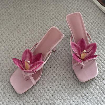 Мода Liyke Мода Орхидея Цветок Квадратный Носок Вечеринка Выпускной Вечер Шлепанцы Для Женщин Мюли Обувь Розовый Сатин На Клипсе Низкий Каблук Пляжные Шлепанцы