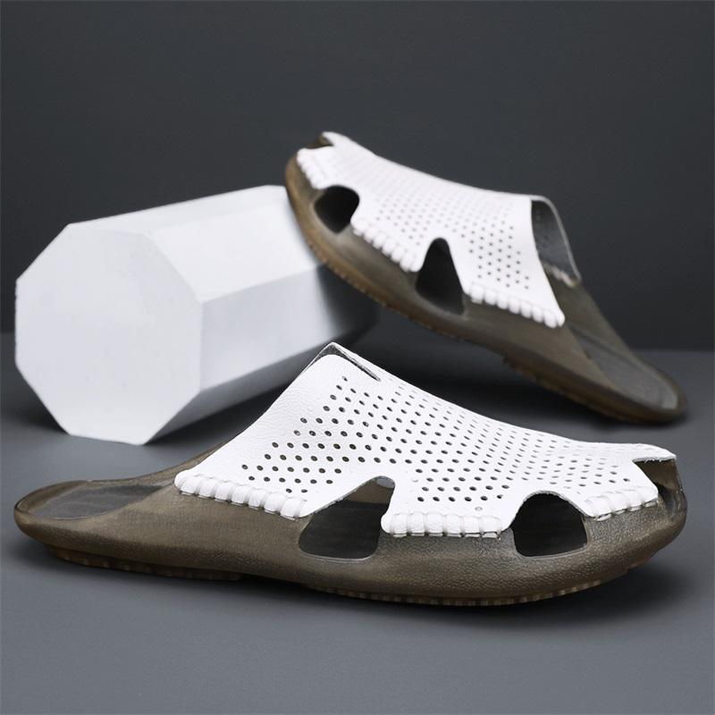 Quick Dry Men's Leather Slides Comfortable Male Slippers Anti-Slip Outdoor Half Drag Handmade Hollow Out Sandals Man Flip Flops