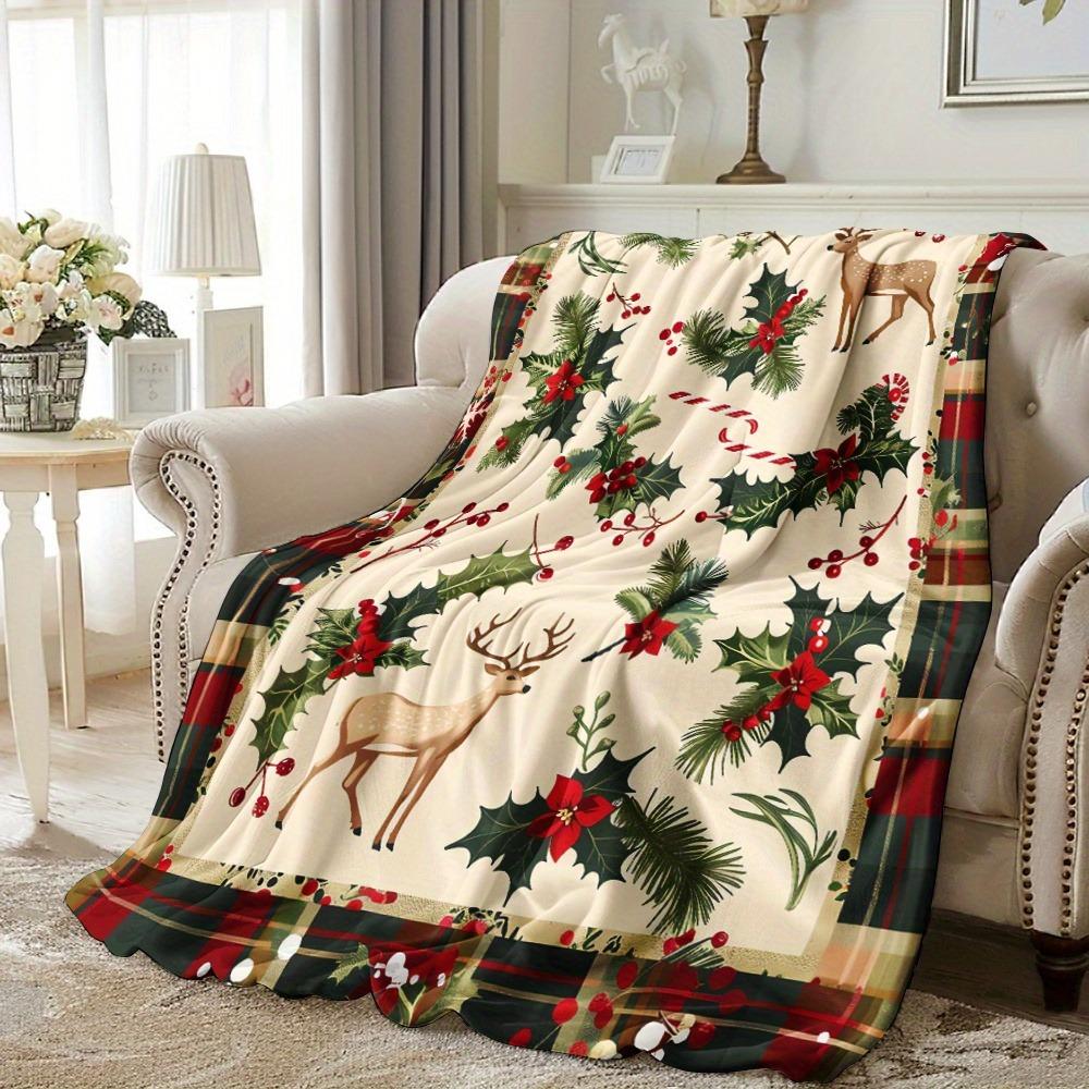 Уютное Рождественское одеяло с винтажным дизайном в клетку Буффало, с изображением остролиста и оленей. Мягкий фланелевый плед для сна, кемпинга, путешествий и в качестве подарка для дома.