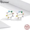 BAMOER 925 Sterling Silver Love Amout Round Stud Earrings Rainbow Color Plated Platimun Fine Jewelry