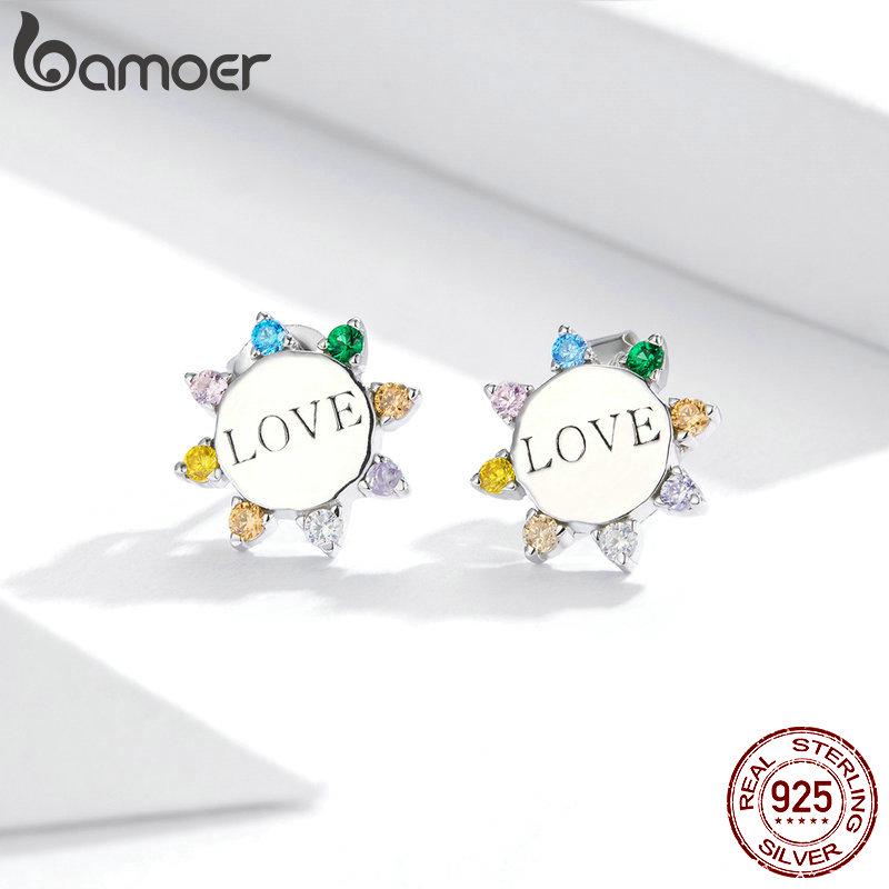 BAMOER 925 Sterling Silver Love Amout Round Stud Earrings Rainbow Color Plated Platimun Fine Jewelry