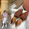 Genuine Leather Pointed Young Lady Streetwear Dating Pleated Solid Korean Girl Leisure Toe Slip On Sandals Women 2024 Summer New