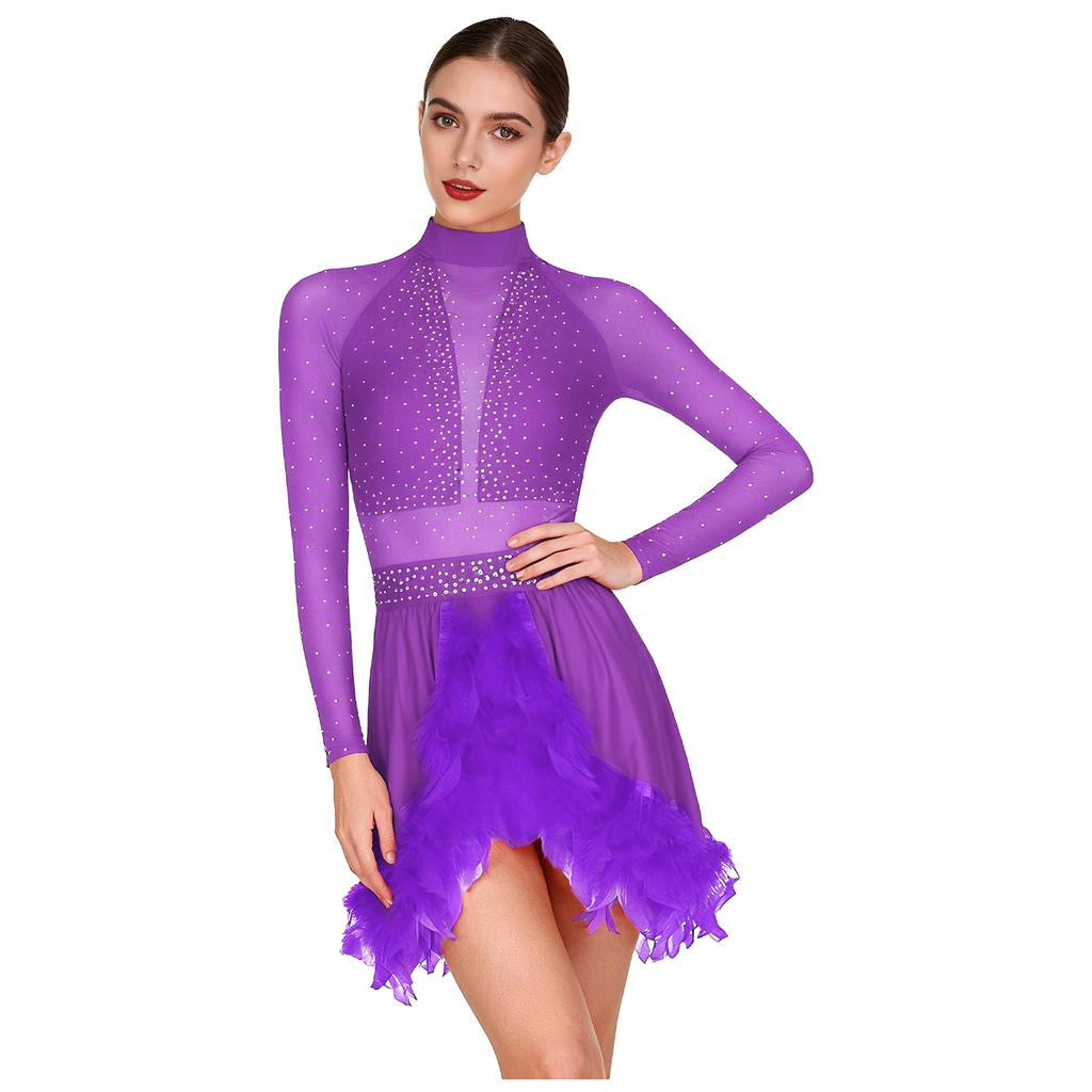 Women Feathered Dance Dress Shiny Rhinestones Mock Neck Long Sheer Mesh Sleeve Cutout Back Skirted Leotard
