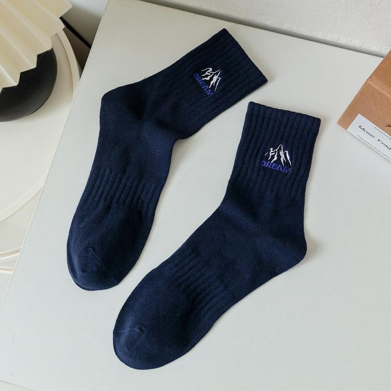 5/10 Pairs Spring Autumn Men's Solid Colour Elastic Waist Embroidered Trendy Casual Sports Socks Breathable Sweat Wicking Mid Calf Socks