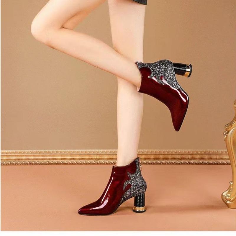 Женская обувь 2024 года, горячая распродажа, женские сапоги с молнией сзади, модные, с пайетками, для офиса и карьеры, сексуальные, с острым носком, ботильоны больших размеров