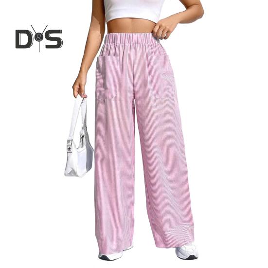 Женские брюки с эластичной талией, средней посадкой, широкие длинные брюки с карманами, клетчатый принт, удобные повседневные брюки