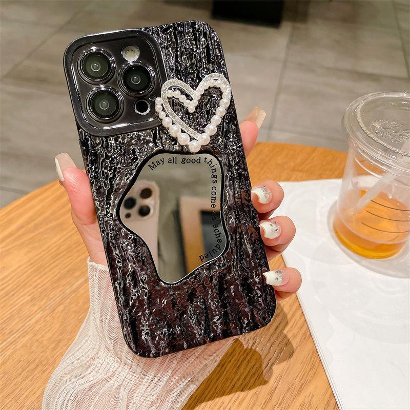 Роскошный чехол для макияжа с зеркальным принтом в виде камня и жемчужным сердечком для iPhone 15 Pro Max 14 13 12 Pro Max 11, универсальный защитный чехол от падения
