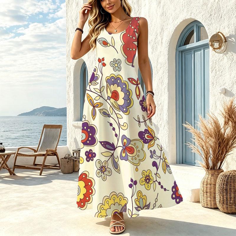 Women's Floral Sleeveless Maxi Dress Loose Lightweight Vacation Outfit,Photo-Ready for Beach & Daily Wear,Versatile
