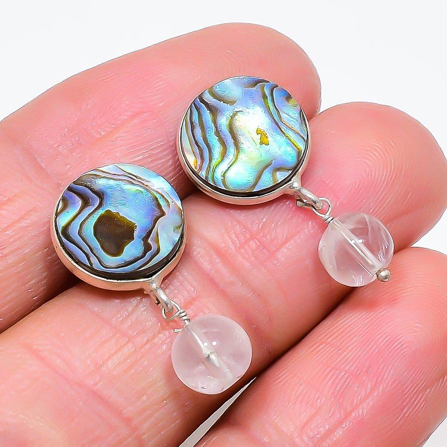 Abalone Shell, Quartz Gemstone 925 Sterling Silver Jewelry Earring 0.59" KJ-711