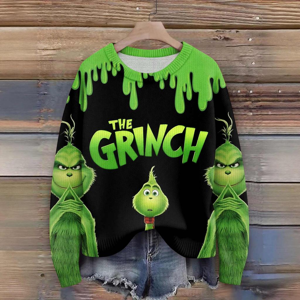 Пуловеры с длинным рукавом для женщин, с круглым вырезом, повседневные, милые, с принтом, вязаные, оверсайз