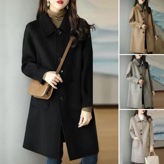 Women Winter Overcoat Turn-down Collar Pockets Pure Color Single-breasted Cardigan Loose Fit Coat Thermal Long Sleeves Commuting Dating Winter Coat