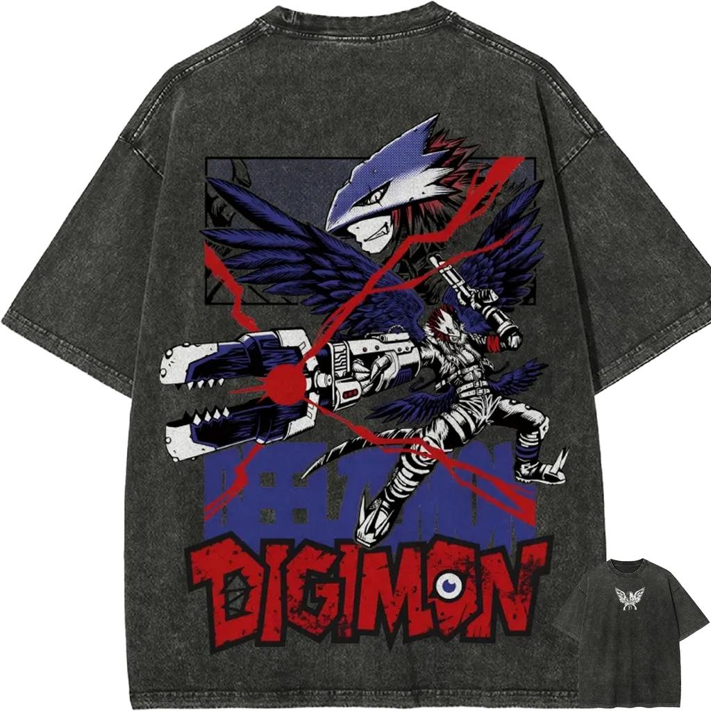 Футболка Beelzemon Blast Mode Digimon Impmon Винтажная Кислотная стирка Уличная одежда Оверсайз Ретро Японское аниме Графический Хлопковые футболки