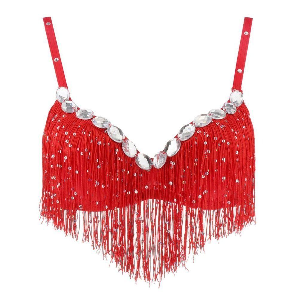 Топ для танца живота со стразами и кисточками, топ на бретельках через шею, бюстгальтер для танца живота, модный ночной клуб