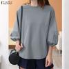 Women Casual Round Neck Solid Color Loose 3/4 Sleeve Tee Tops