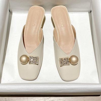 Шлепанцы Мюли Летняя уличная обувь для женщин 2024 года на низком каблуке Женские тапочки Белые сандалии Кожа Натуральная кожа Нормальный B Распродажа W