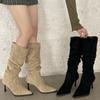Плиссированные женские сапоги до колена, модные туфли с острым носком, осень-зима, на высоком каблуке, женские сексуальные длинные сапоги