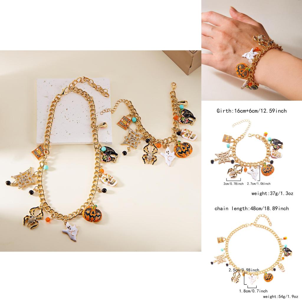 Pumpkin Skeleton Spider Charm Necklace And Bracelet In Alloy For Holiday Wear