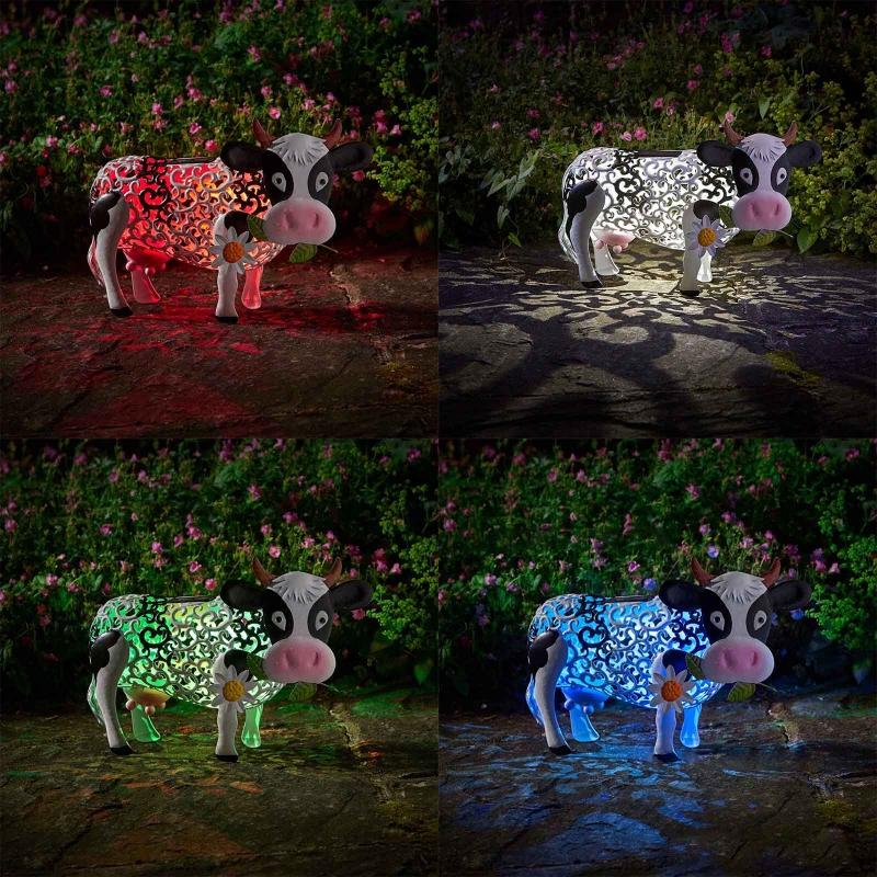 Garden Decoration Cow Statues Outdoor Golden Cow Puppy Statue with Solar Outdoor Figurine Light for Garden Patio