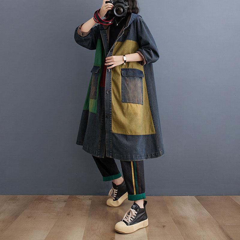 Women Modis Print Patchwork Ladies Windbreaks Oversized Autumn Denim Long Hoodies Trench Coat Casual Loose Woman Trench