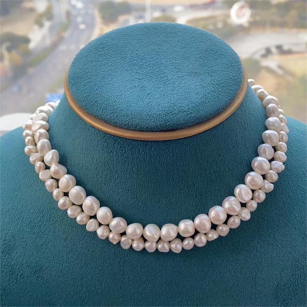HENGSHENG Baroque Freshwater 5-6mm 8-9mm White Pearl Double Necklace 925 Sterling Silver Trendy Jewelry Gift for Women Girls