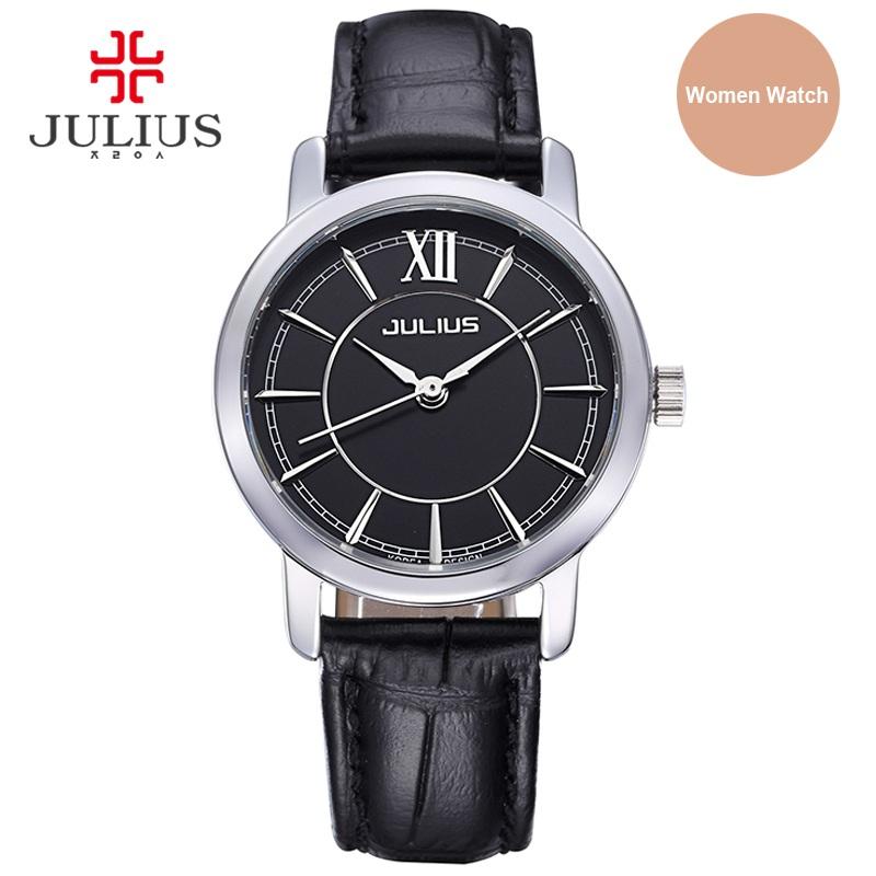 Julius Watch Woman Elegant Round Case Leather Strap Simple Silver Rose Gold Blue Geneva Business ladies Whatch Clock JA-808