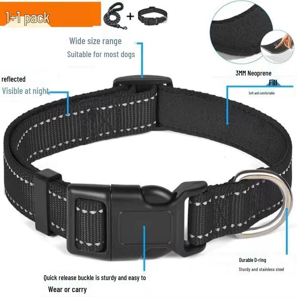 Adjustable Reflective Breathable Nylon Dog Collar and Leash Set - Medium Size