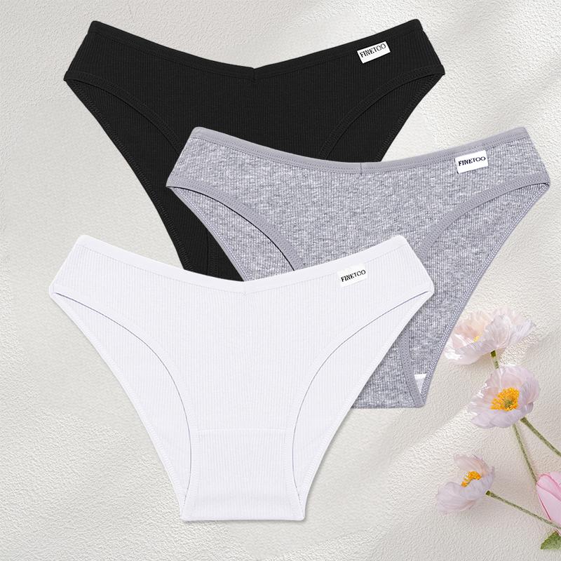 FINETOO 3Pcs/Set Sexy Low Waist Cotton Panties M-3XL Ribbed Breathable Briefs Underwear for Women Gym Fitness Casual Lingerie