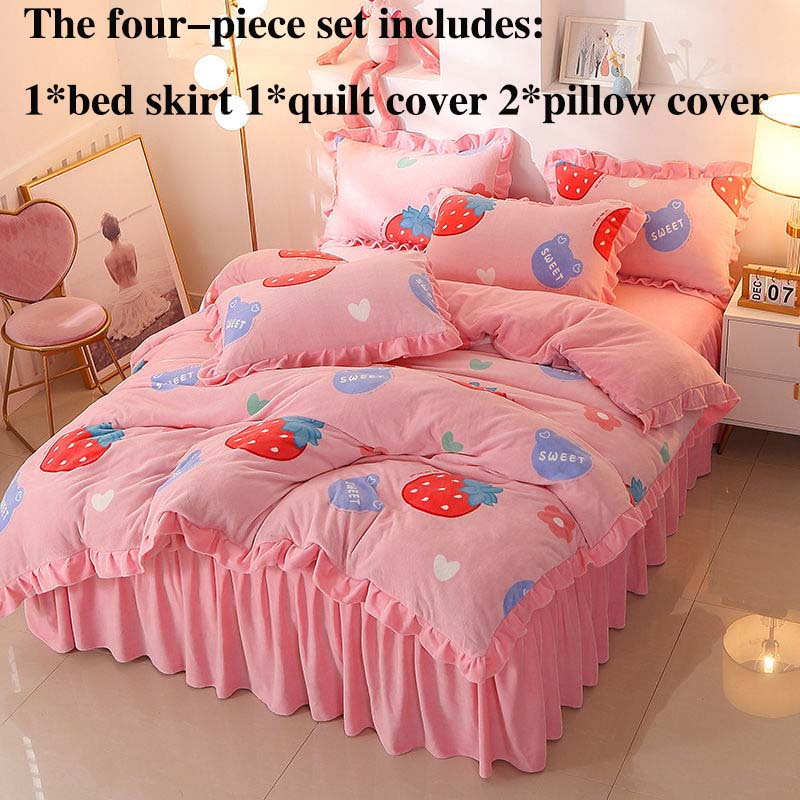 Толстый молочный бархат, четырехсекционная юбка-кровать, пододеяльник, наволочка, плюс бархатный теплый двусторонний пододеяльник, комплект постельного белья