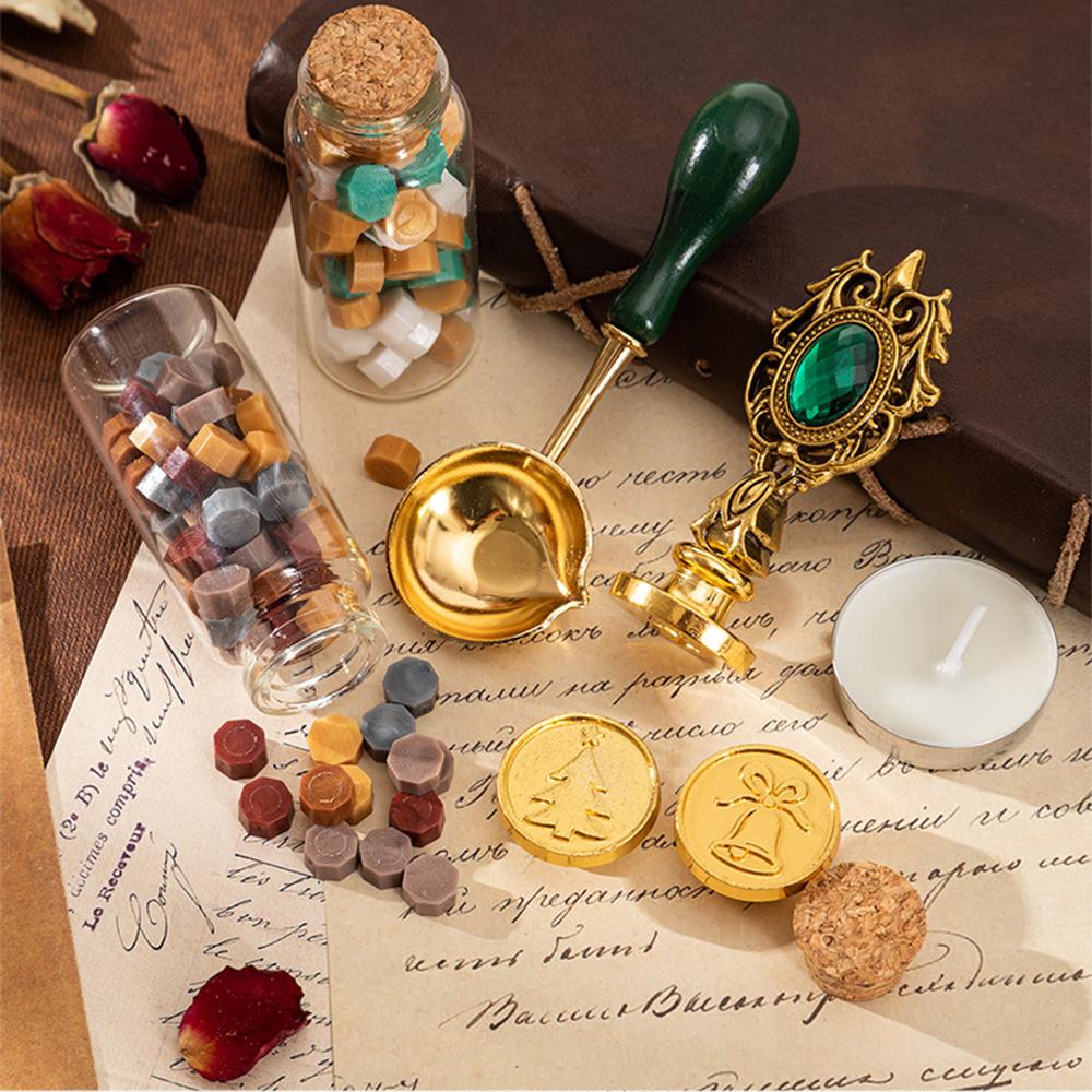 Wax Seal Stamp Kit with 3pcs Seal Stamp and Bottle of Wax Beads SpoonCandle for Christmas Vintage