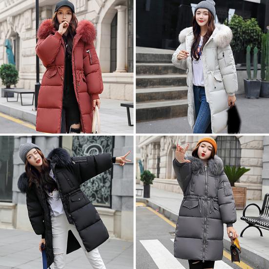 Женская зимняя куртка с меховым капюшоном, утолщенный пуховик, застежка-молния на шнурке, средняя длина, ветрозащитное хлопковое пальто для холодной погоды
