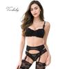 Sexy Bra+Panties+Garter+Stockings 4 Pcs Lingerie Set
