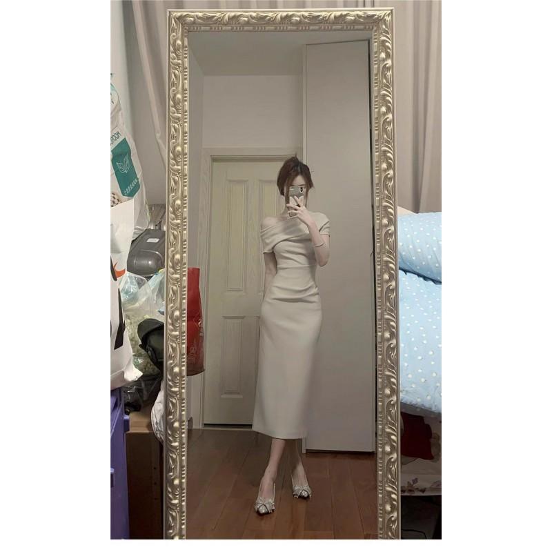 2026 Korean Style Off Shoulder Ruffle Neck Slim Fit Bodycon Long Dress Women