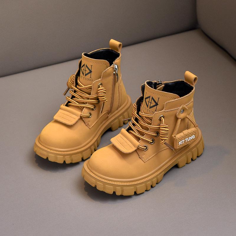 Осенне-зимние новые детские желтые ботинки, повседневные, с мягкой подошвой, нескользящие, бархатные, короткие ботинки для маленьких мальчиков