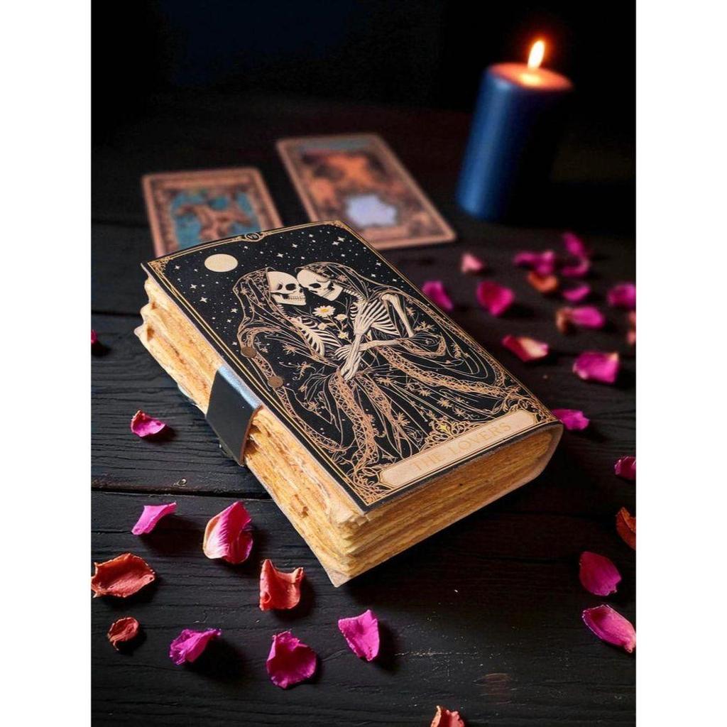 Book of Spells Grimoire Printed Journal The Lovers Tarot Notebook Spiral Gothic Notebook Skull Lover Antique Journals Gifts for Men or Women