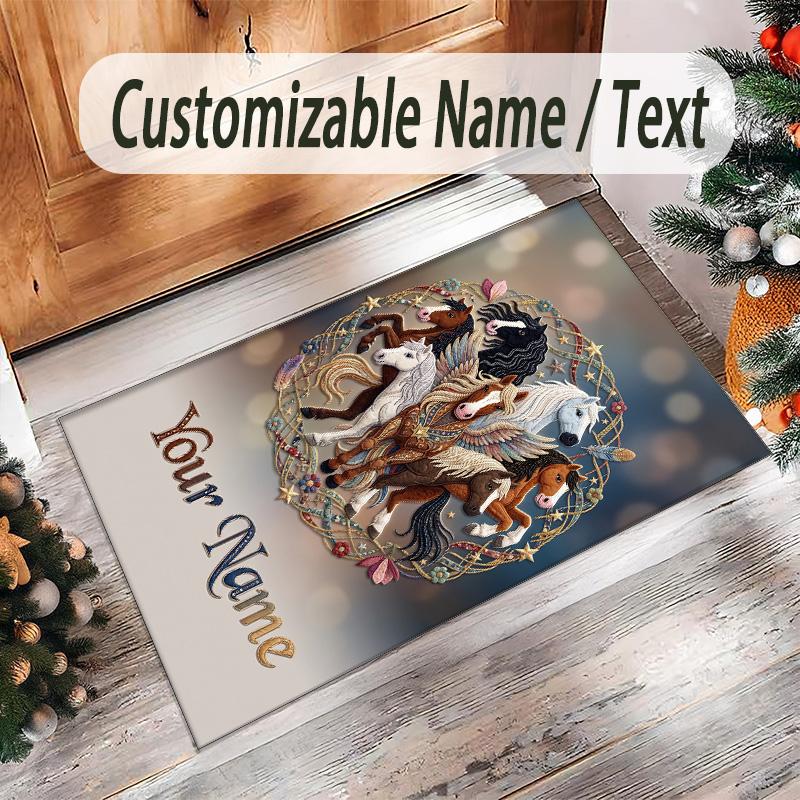 Horse Theme Crystal Velvet Floor Rug Personalized Custom Name Text Warm Carpet Home Decoration