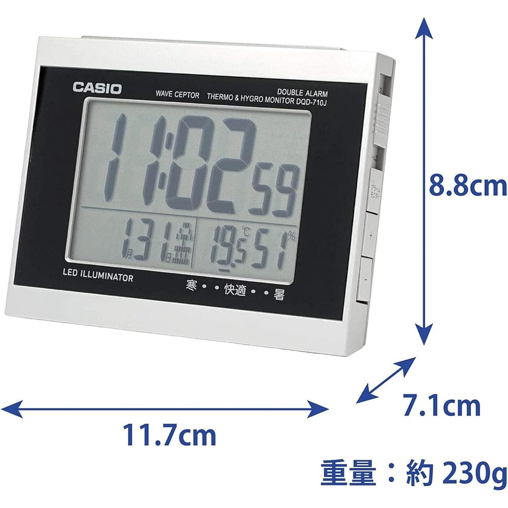 CASIO Radio-Controlled Digital Alarm Clock with Double Alarm, Temperature, Humidity, and Calendar Display, Silver, DQD-710J-8JF, 9.1 x 11.7 x 6.8 cm