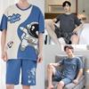 Men Pajamas Short-Sleeved Teenagers Loose Large Size Casual Homewear Grey Plaid Pullover Easy To Clean Cartoon Sleepwear