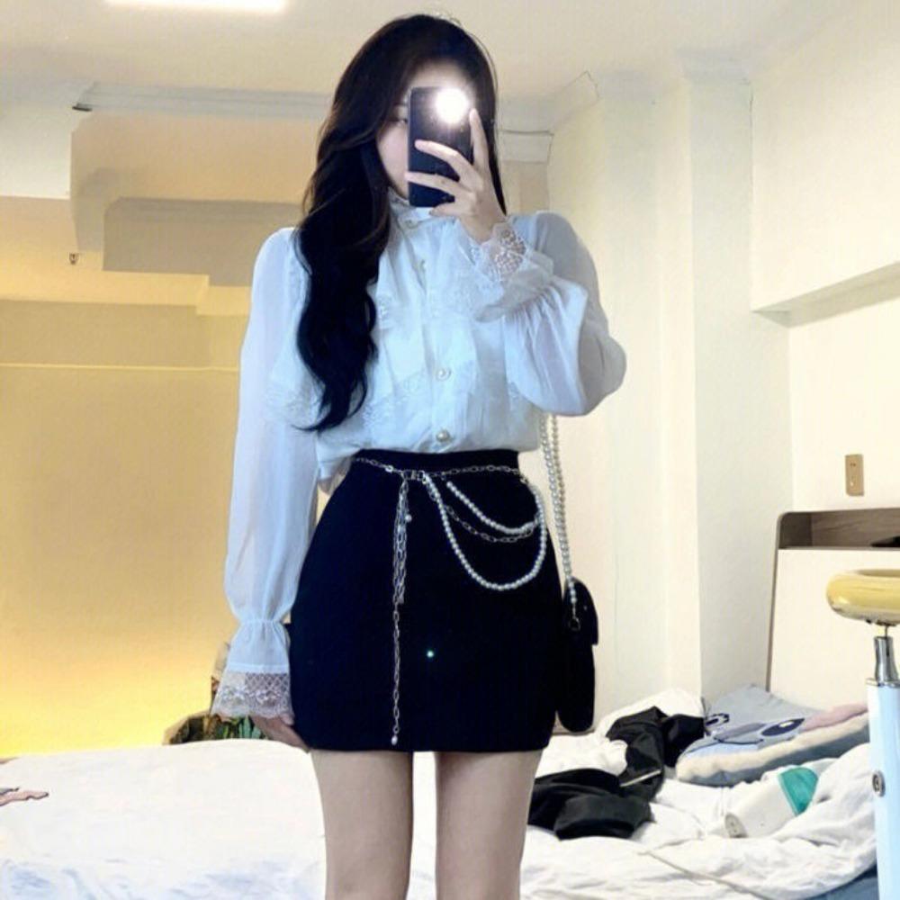 Elegant Lace Women Blouse Fashion Fashion Korean White Chiffon Office Ladies Shirts Stand Neck Ruffles Spring Female Tops New