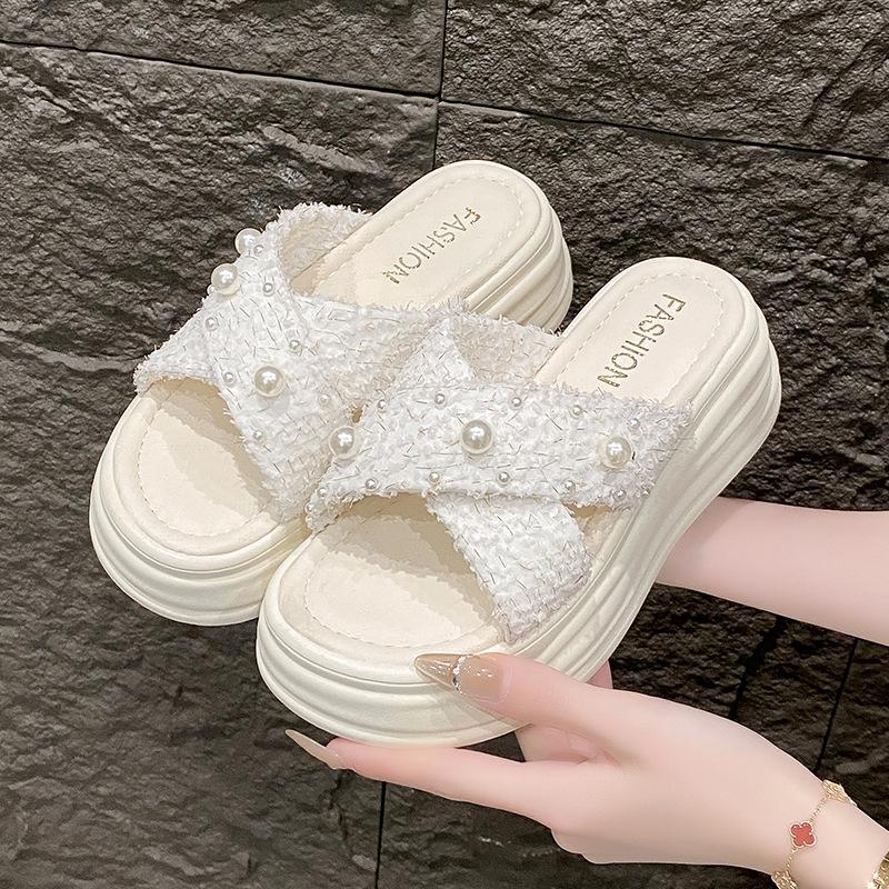 Модная обувь на шнуровке женская 2025 низкие домашние тапочки на платформе пантофли со шнурком бусиной летние новые хлопчатобумажные шлепанцы римские резиновые ПУ копыто