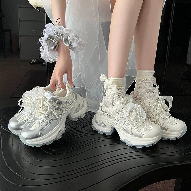2025 новые шнурки, уменьшающие возраст, универсальные папины кроссовки, подошвы-полумесяцы, внутренняя высота, шнуровка, жемчуг, спортивная и повседневная обувь для женщин