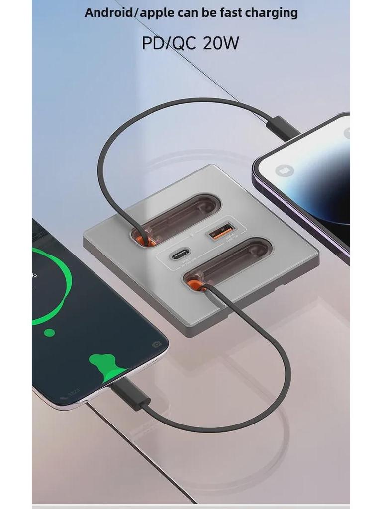 Выдвижная панель переключателей с розеткой USB Type-C 20 Вт для быстрой зарядки для дома