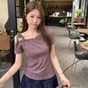 Хараюку Женские футболки летние с коротким рукавом косой воротник повседневные сексуальные на шнуровке фиолетовая полоска приталенная футболка женские y2k кроп-топы одежда