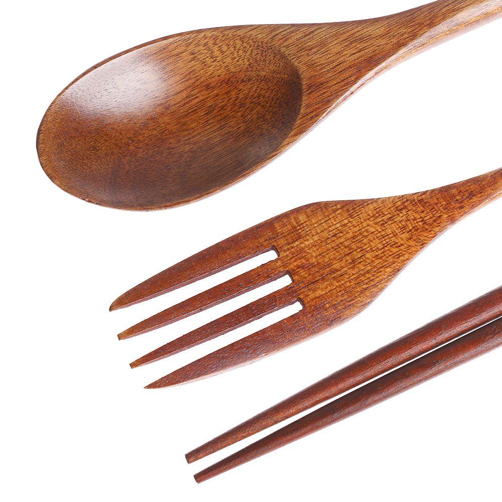 Japanese Style Portable Cutlery Set Spoon Fork Chopsticks Natural Wooden Cloth Bag