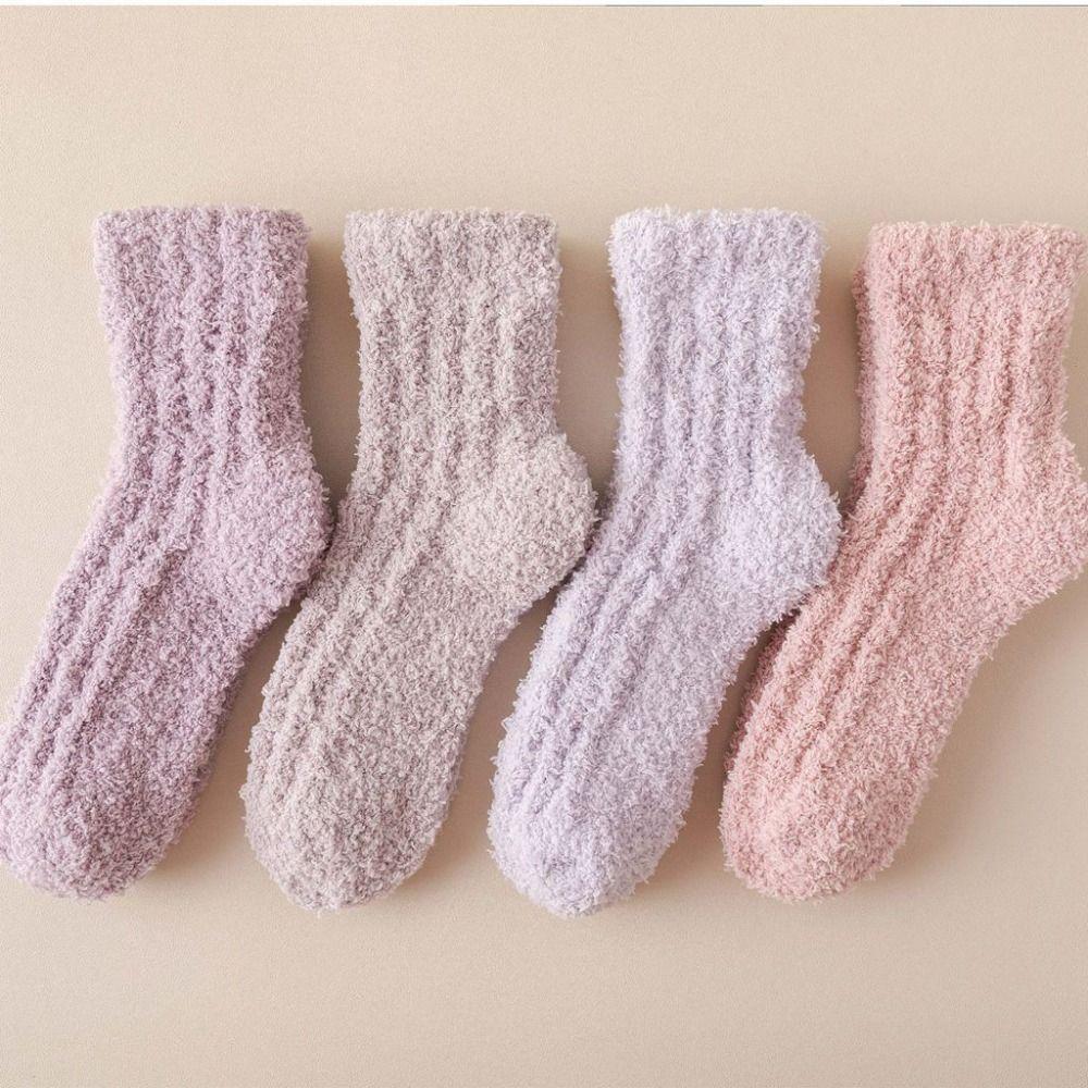 4Pairs Thickened Coral Fleece Socks Winter Mid Tube Socks Women Floor Plush Socks  For Female Men