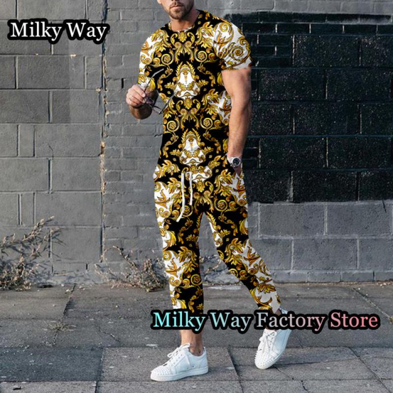 Роскошный мужской спортивный костюм с принтом цепочки, летний комплект из 2 предметов, футболка и брюки, винтажный спортивный костюм, мужская модная одежда, ретро наряд