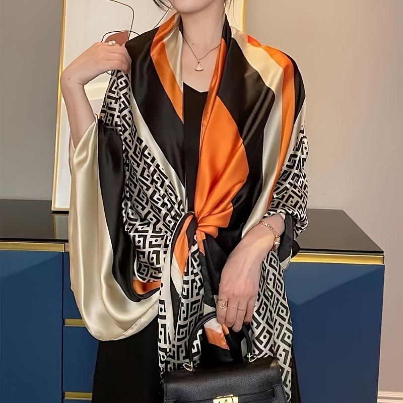 Роскошный бренд Хаки шарф с принтом букв Элегантный тонкий гладкий атласный платок Летний ветрозащитный солнцезащитный большой шарф для женщин